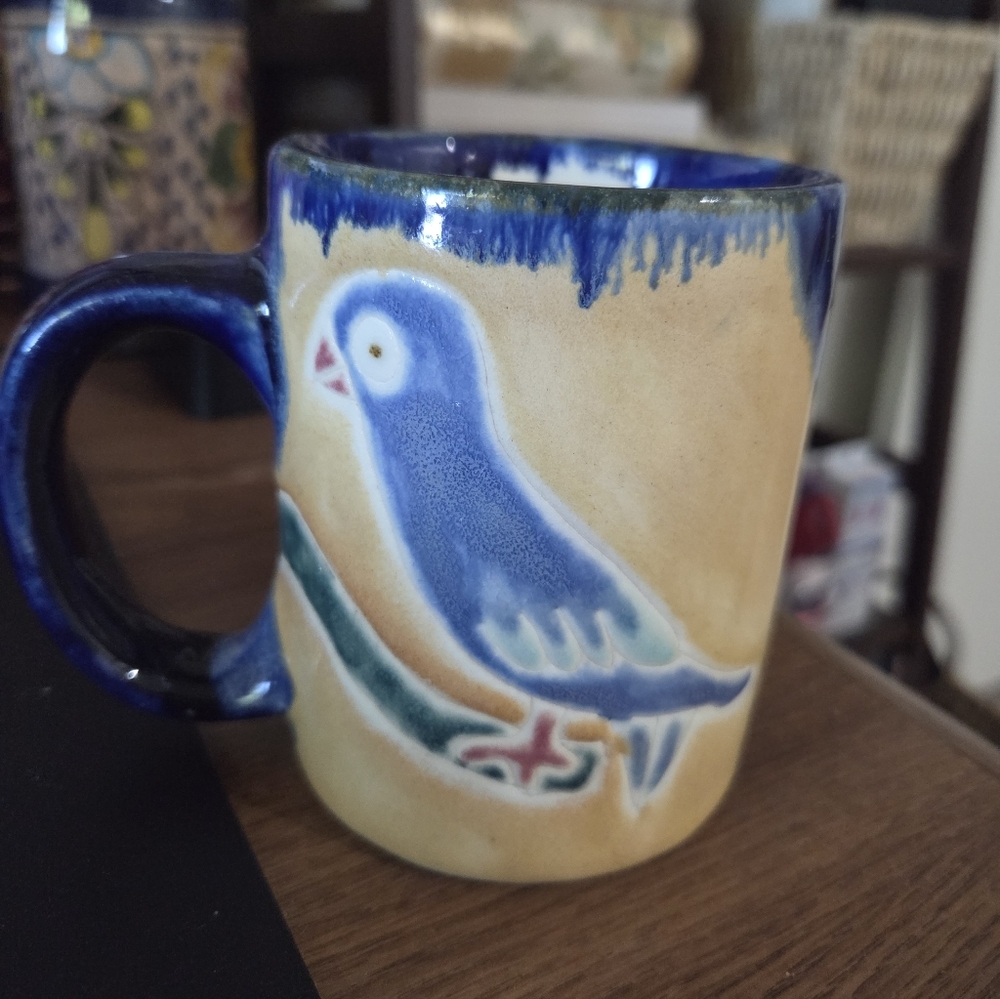 Mexican Blue and Tan Bird Ceramic Mug